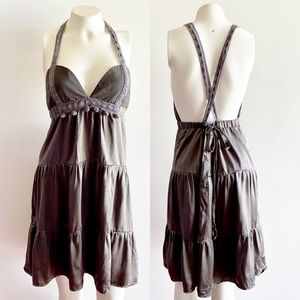 Ingwa Melero Silk Open Back Tie Dress Gray Brown Pom Pom Medium